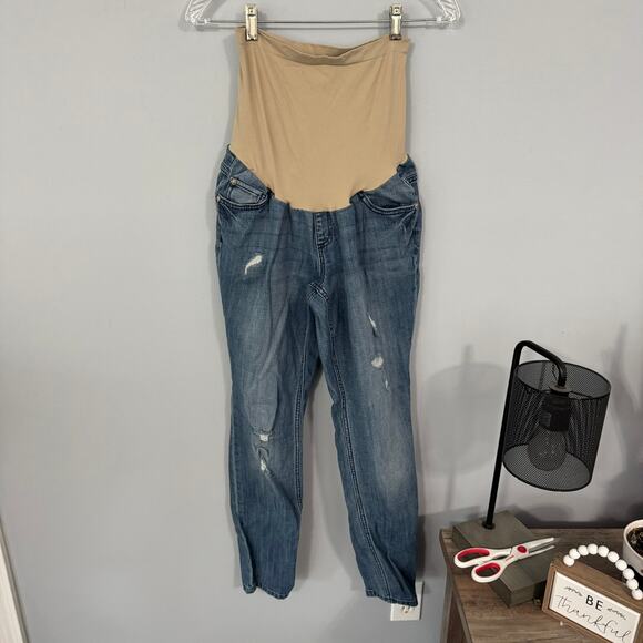 Indigo Blue Straight Leg Distressed Maternity Jeans Belly Band Women Size Large - Picture 1 of 7